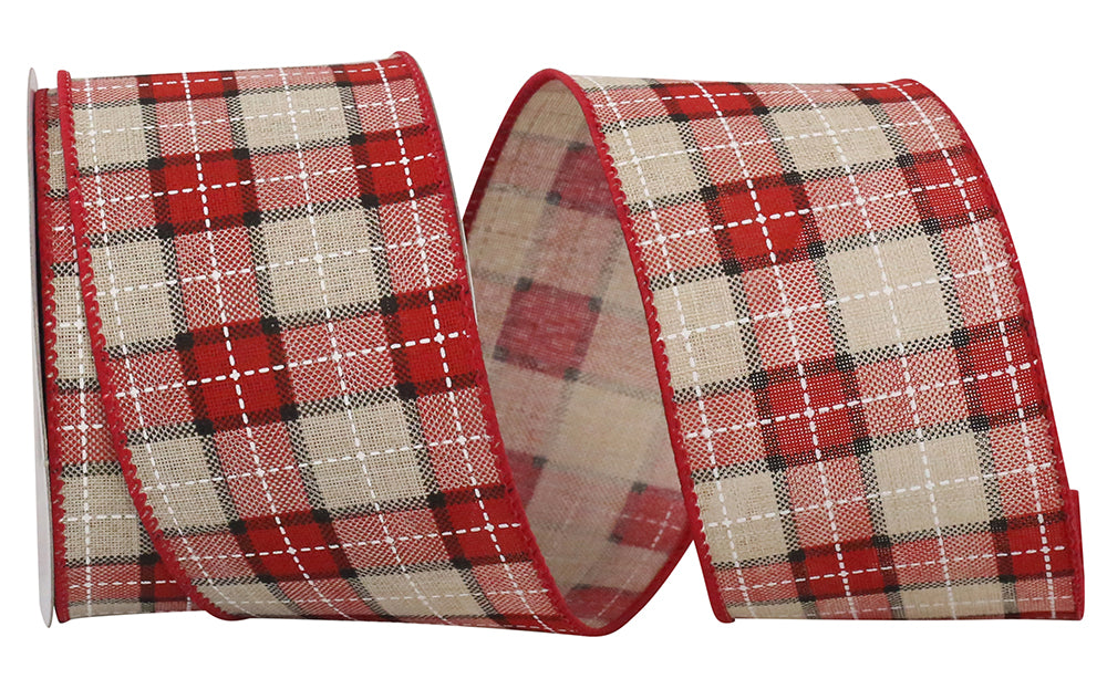 Red Natural 2-1/2 Inch Wired Edge Linen Plaid Ribbon