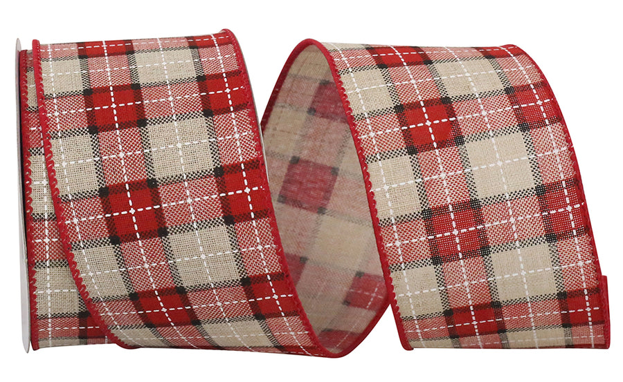 Red Natural 2-1/2 Inch Wired Edge Linen Plaid Ribbon