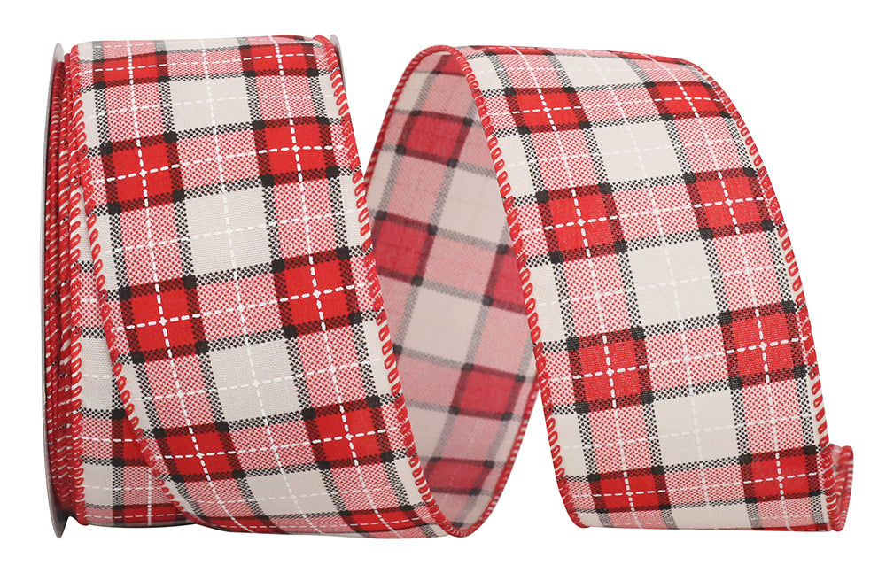 Red White 2-1/2 Inch Stitched Linen Plaid Ribbon