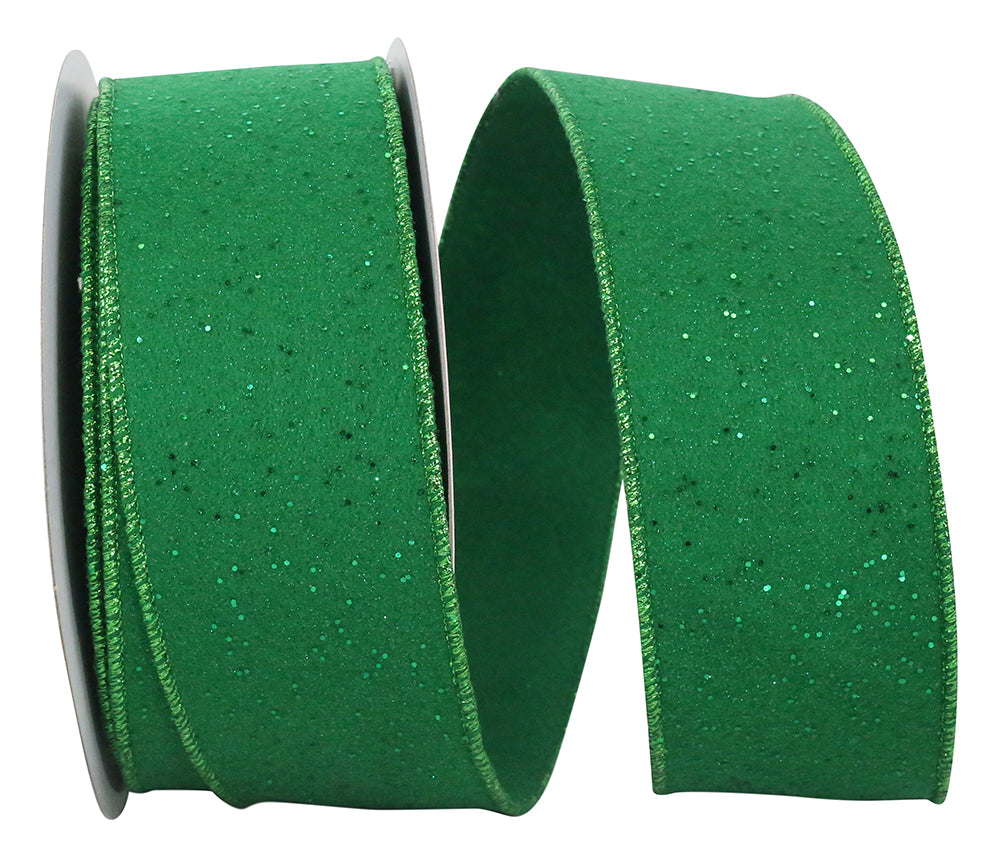 Emerald Flannel Glitter Dots Wired Edge Ribbon 2-1/2 Inch