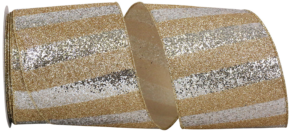 Glitter Gold Bar Duo Wired Edge Ribbon Gold Silver 4 Inch