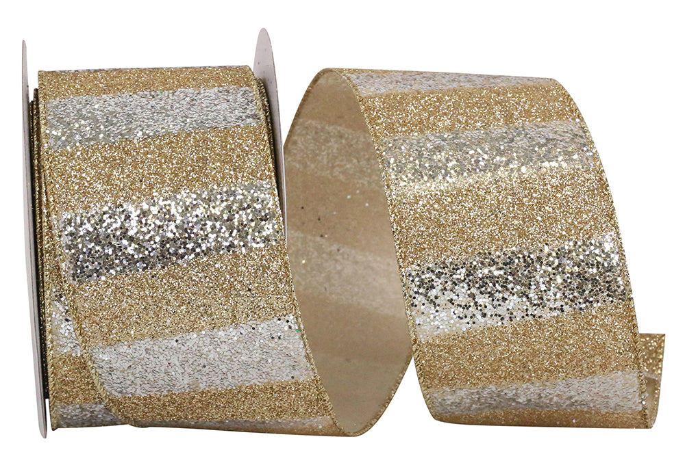Glitter Gold Bar Duo Wired Edge Ribbon Gold Silver 2-1/2 Inch