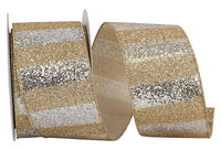 Glitter Gold Bar Duo Wired Edge Ribbon Gold Silver 2-1/2 Inch