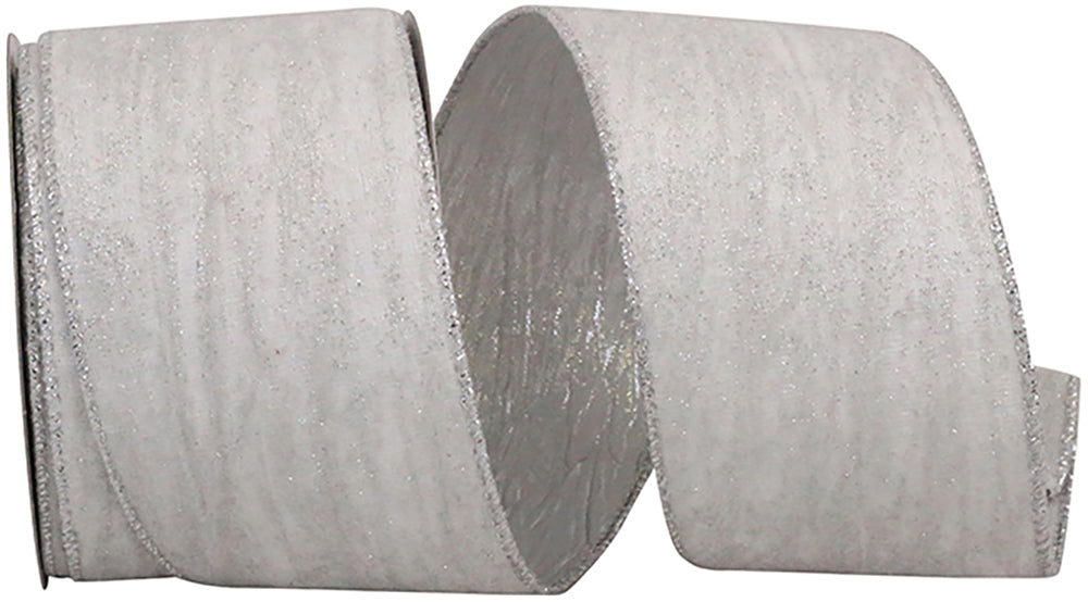 Glitter Velvet Crushed Metallic Wired Edge Ribbon White Silver 2-1/2 Inch