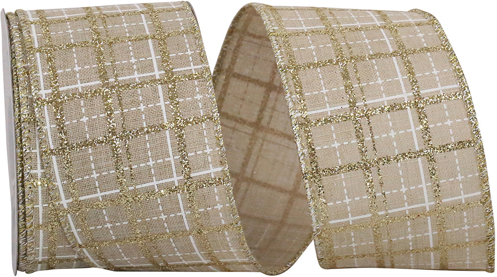 Plaid Glitter Printed Wired Edge Ribbon Natural Gold 2-1/2 Inch