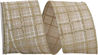 Plaid Glitter Printed Wired Edge Ribbon Natural Gold 2-1/2 Inch