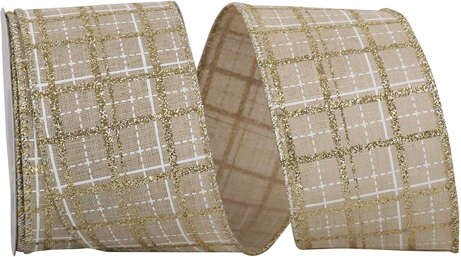 Plaid Glitter Printed Wired Edge Ribbon Natural Gold 2-1/2 Inch