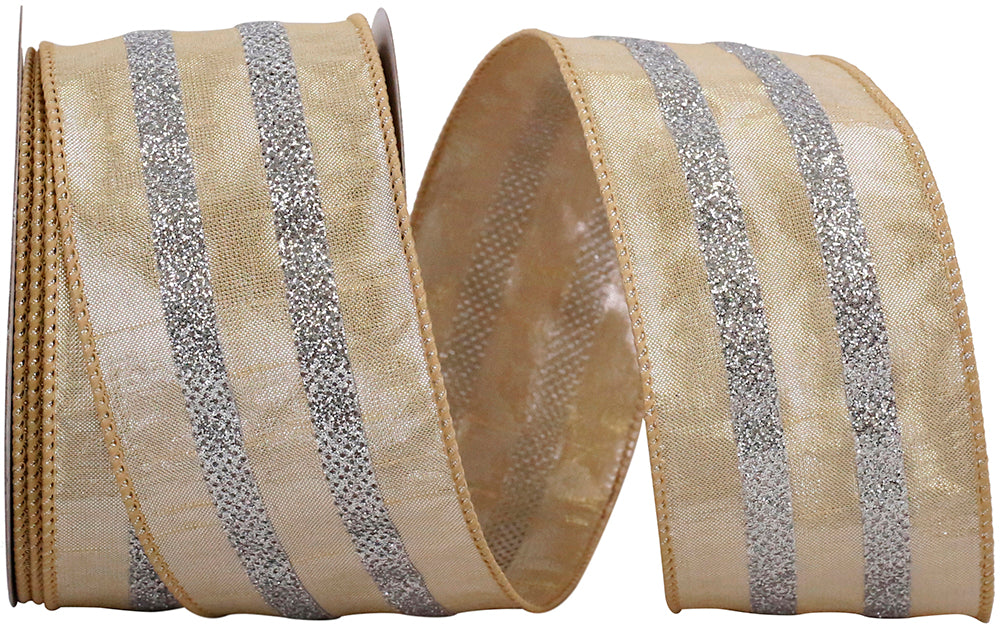 Dupioni Metallic Shine Glitter Stripes Ribbon Natural Silver 2-1/2 Inch