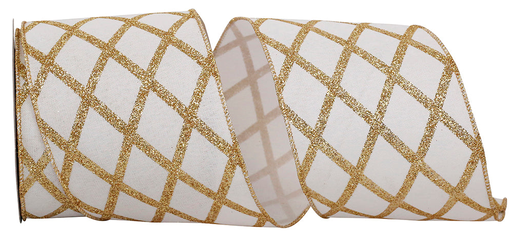 4 Inch White Gold Lattice Diamond Glitter Linen Ribbon