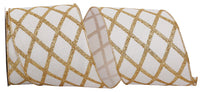 4 Inch White Gold Lattice Diamond Glitter Linen Ribbon