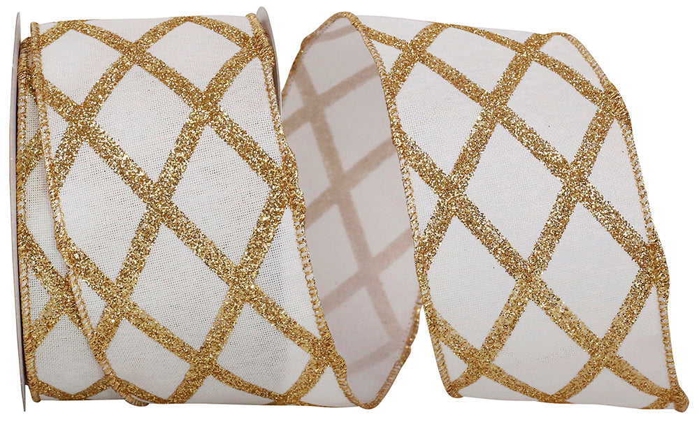 Lattice Diamond Glitter Linen Ribbon White Gold 2-1/2 Inch