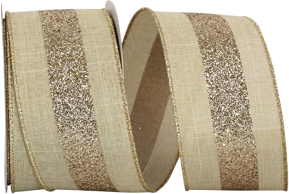 Glitter Grand Center Stripe Linen Ribbon Natural Gold 2-1/2 Inch