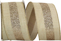 Glitter Grand Center Stripe Linen Ribbon Natural Gold 2-1/2 Inch