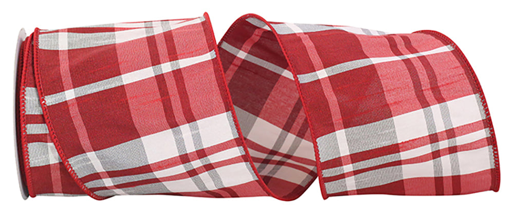 Red Silver 4 Inch Wired Edge Dupioni Plaid Ribbon