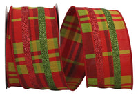 Wired Edge Ribbon Red Green 2-1/2 Inch Dupioni Plaid