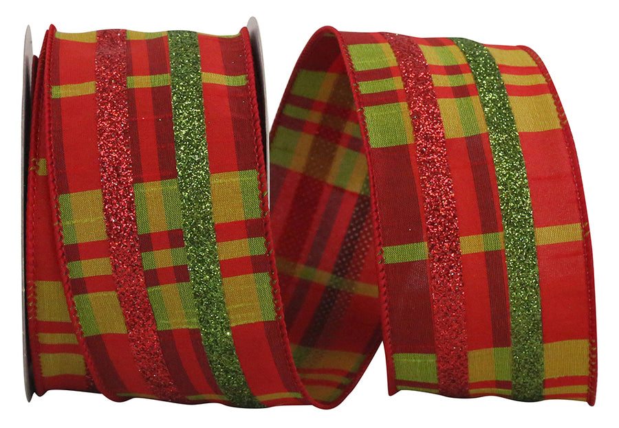 Wired Edge Ribbon Red Green 2-1/2 Inch Dupioni Plaid