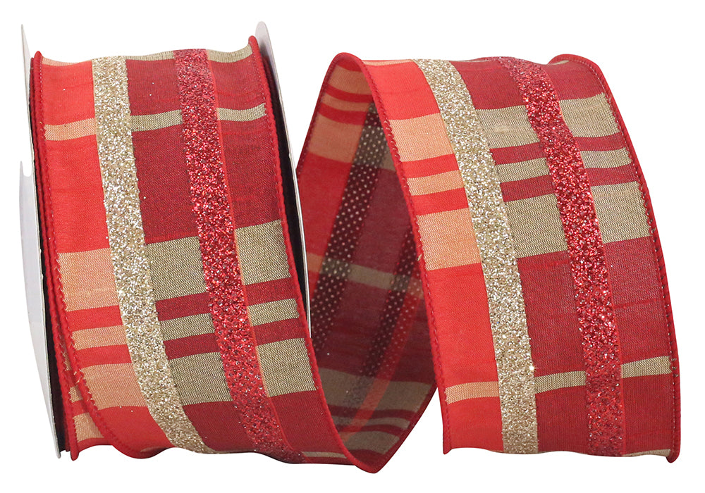 Red Gold Wired Edge Ribbon 2-1/2 Inch Plaid Glitter Stripes