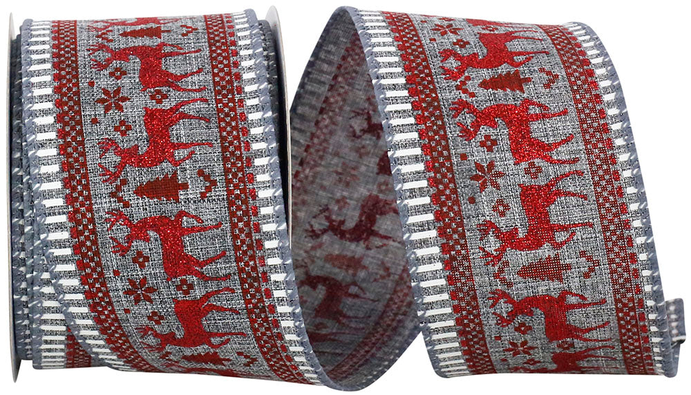 Grey 2-1/2 Inch Deer Glitter Scene Wired Edge Ribbon