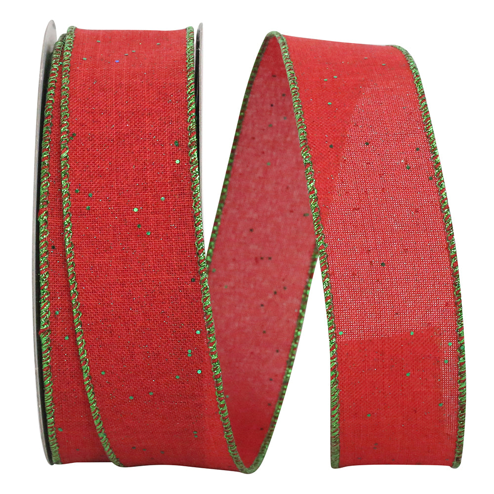 Linen Glitter Wired Edge Ribbon Red Green 1-1/2 Inch
