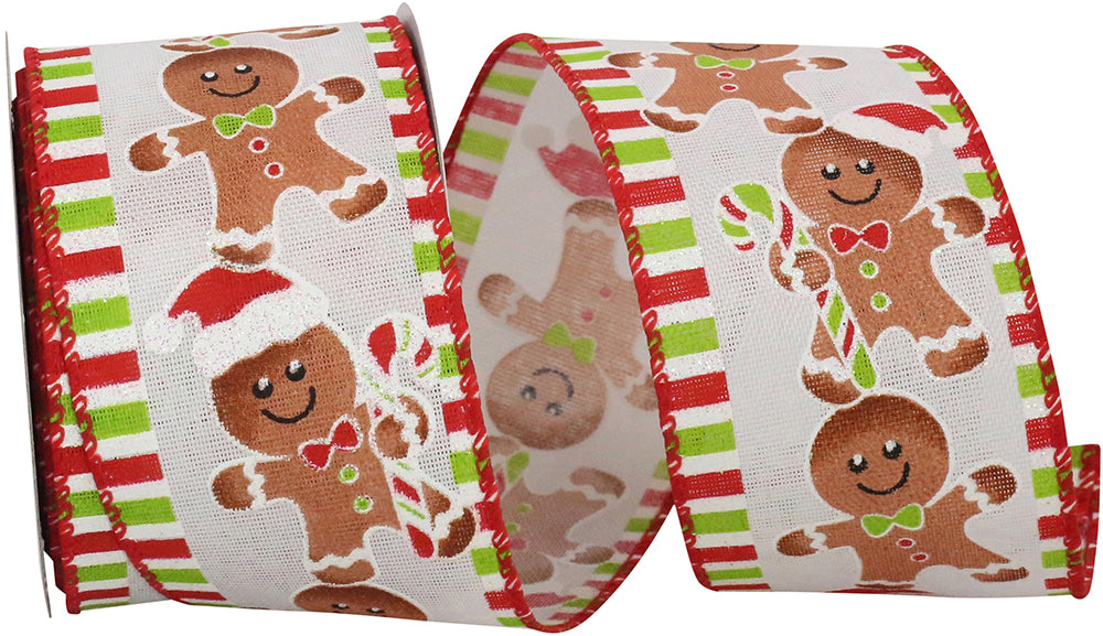 White 2-1 2 Inch Gingerbread Ticking Sparkle Wired Edge Ribbon for Wreaths & Bows