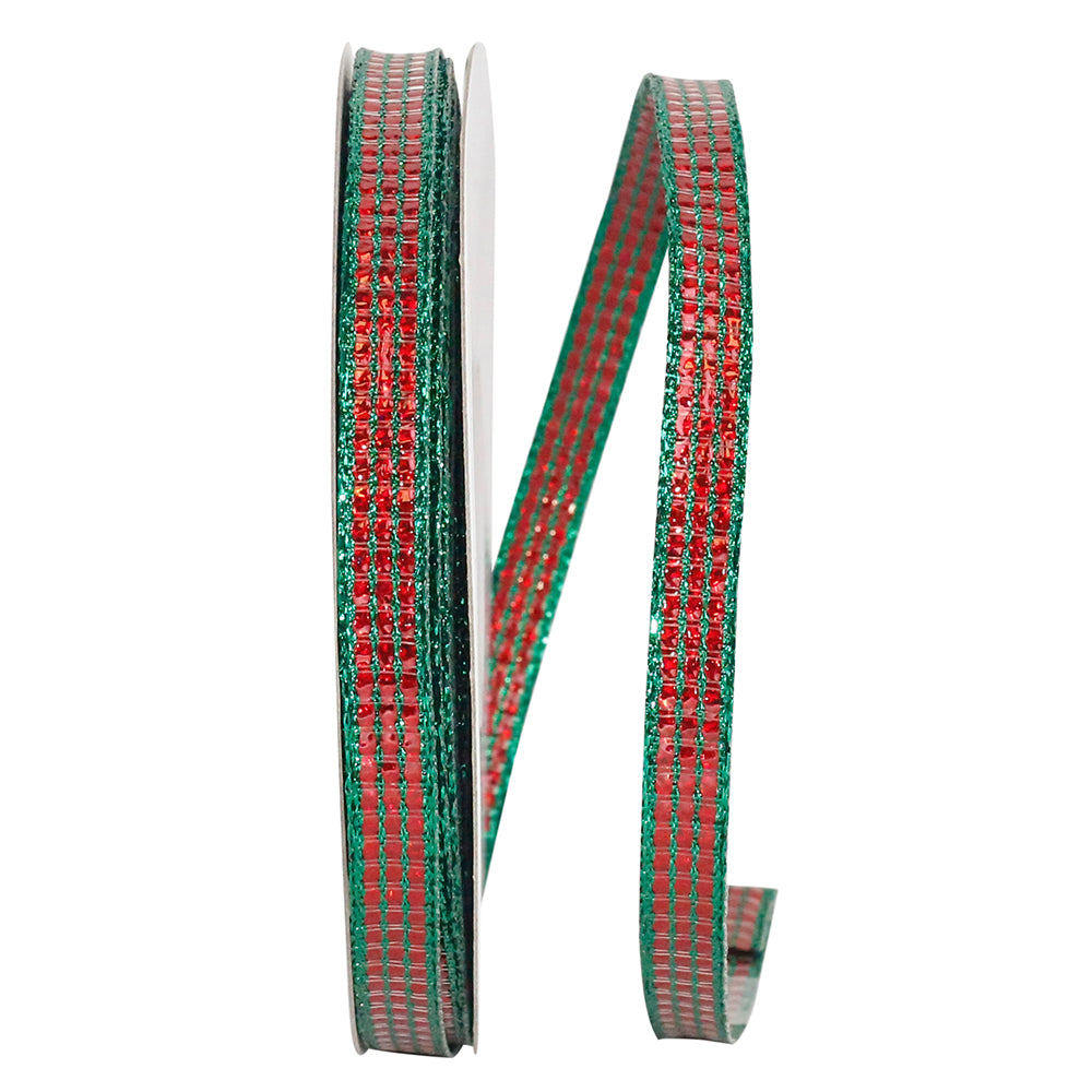 Metallic Shimmer Block Stripes Ribbon Red Green 3/8 Inch