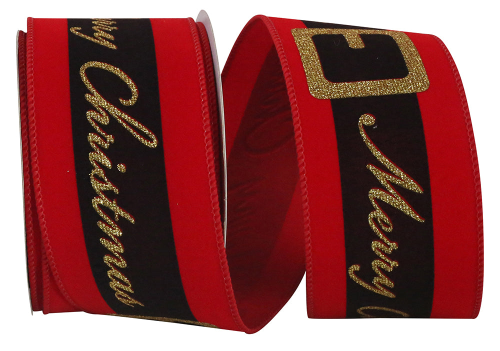 Red 2-1 2 Inch Merry Christmas Santa Belt Velvet Wired Edge Ribbon for Wreaths & Bows