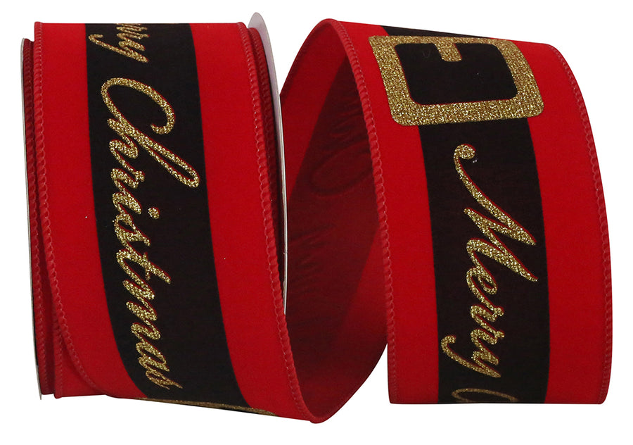 Red 2-1 2 Inch Merry Christmas Santa Belt Velvet Wired Edge Ribbon for Wreaths & Bows