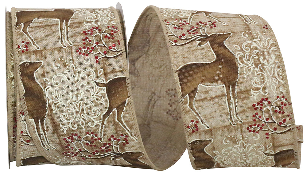 Natural 2-1 2 Inch Deer Filigree Natural Wired Edge Ribbon for Wreaths & Bows