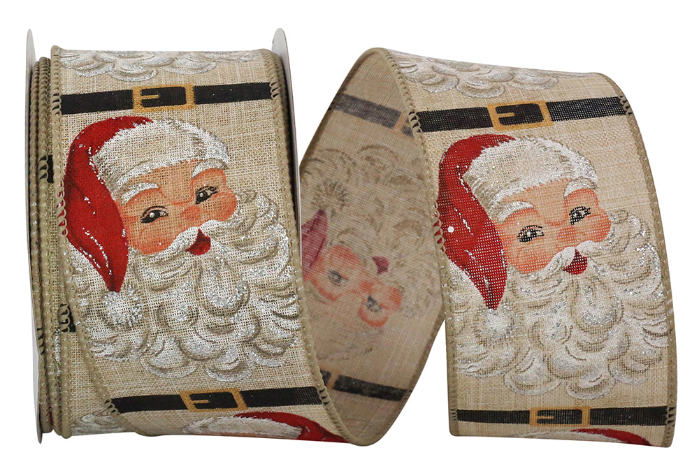 Natural 2-1 2 Inch Happy Santa Vintage Linen Wired Edge Ribbon for Wreaths & Bows