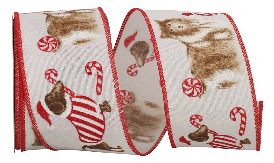 White 2-1 2 Inch Dog And Candy Canes Christmas Wired Edge Ribbon for Wreaths & Bows