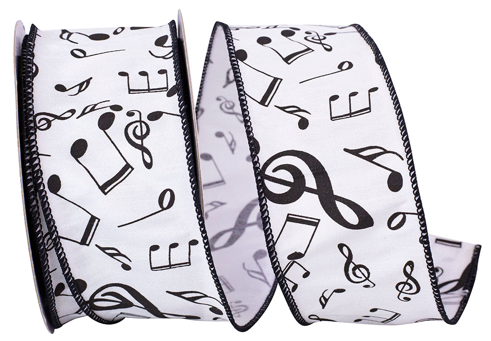 White Black 2-1 2 Inch Musical Notes Dupioni Wired Edge Ribbon for Wreaths & Bows