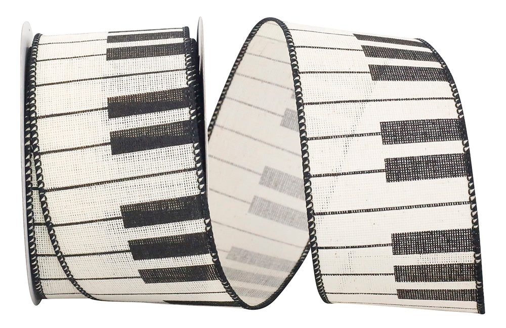 Ivory 2-1 2 Inch Piano Keys Linen Wired Edge Ribbon for Wreaths & Bows