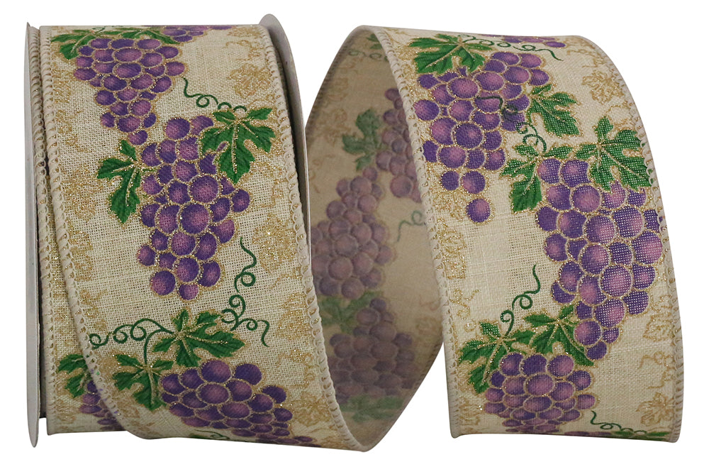 Natural 2-1 2 Inch Grapes And Vines Linen Sparkle Wired Edge Ribbon for Wreaths & Bows