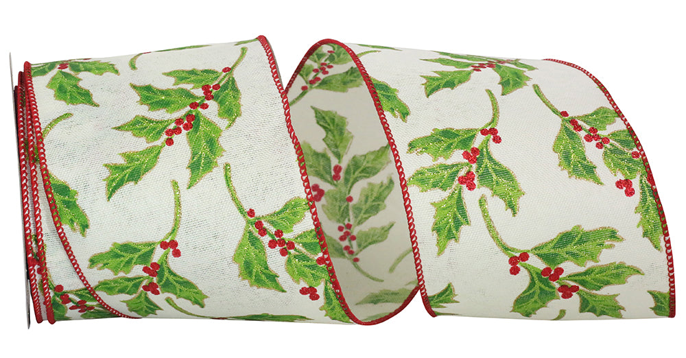 Glitter Holly Berry Wired Edge Ribbon Green Red 4 Inch