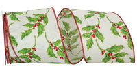 Glitter Holly Berry Wired Edge Ribbon Green Red 4 Inch