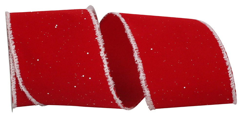 Red 4 Inch Speckled Velvet Feathered Wired Edge Ribbon for Wreaths & Bows