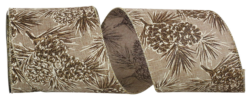 Pinecone Glitter Outlines Linen Wired Edge Ribbon Natural 4 Inch