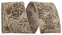Pinecone Glitter Outlines Linen Wired Edge Ribbon Natural 2-1/2 Inch