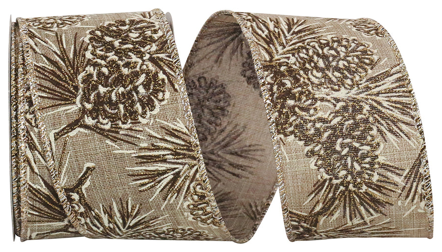 Pinecone Glitter Outlines Linen Wired Edge Ribbon Natural 2-1/2 Inch