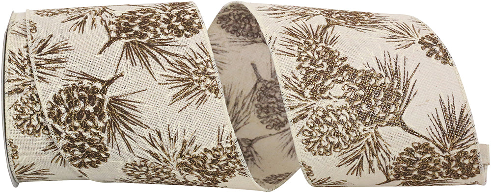 Ivory Wired Edge Ribbon 4 Inch Pinecone Glitter 10 Yards