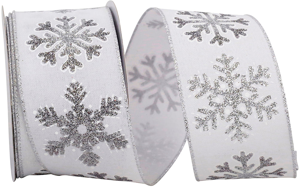 Glitter Snowflake Outlines White Linen Wired Edge Ribbon 2-1/2 Inch