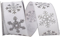 Glitter Snowflake Outlines White Linen Wired Edge Ribbon 2-1/2 Inch