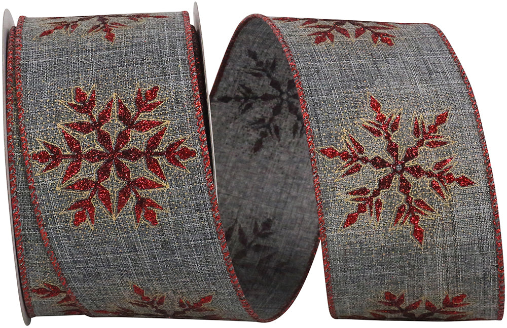 Evening Snowflake Glitter Linen Ribbon Grey 2-1/2 Inch