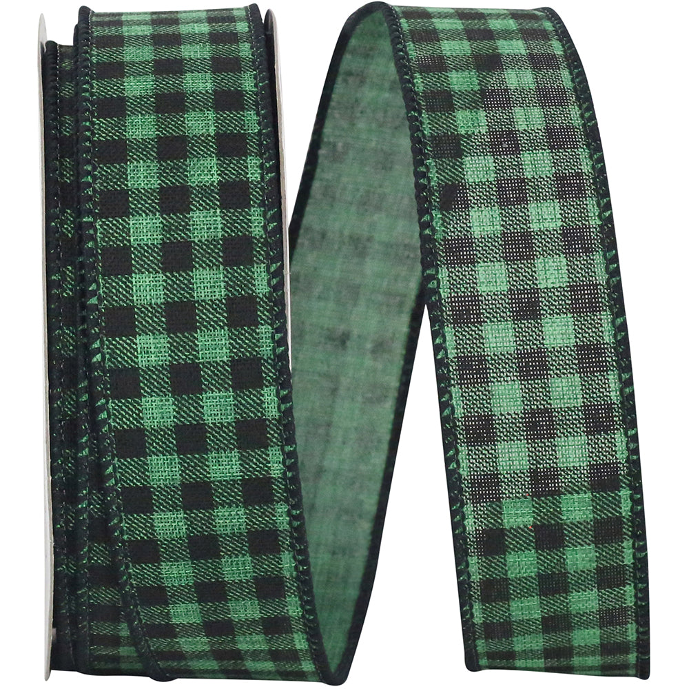 Green Black 1-1 2 Inch Buffalo Woodland Small Check Wired Edge Ribbon for Wreaths & Bows