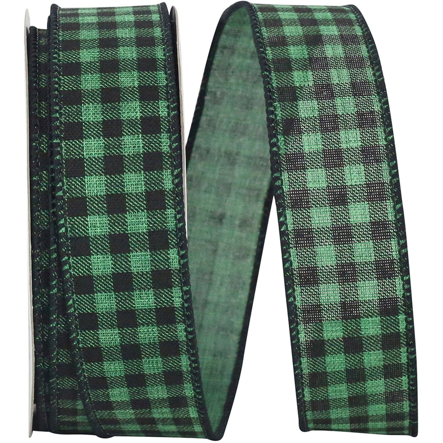 Green Black 1-1 2 Inch Buffalo Woodland Small Check Wired Edge Ribbon for Wreaths & Bows