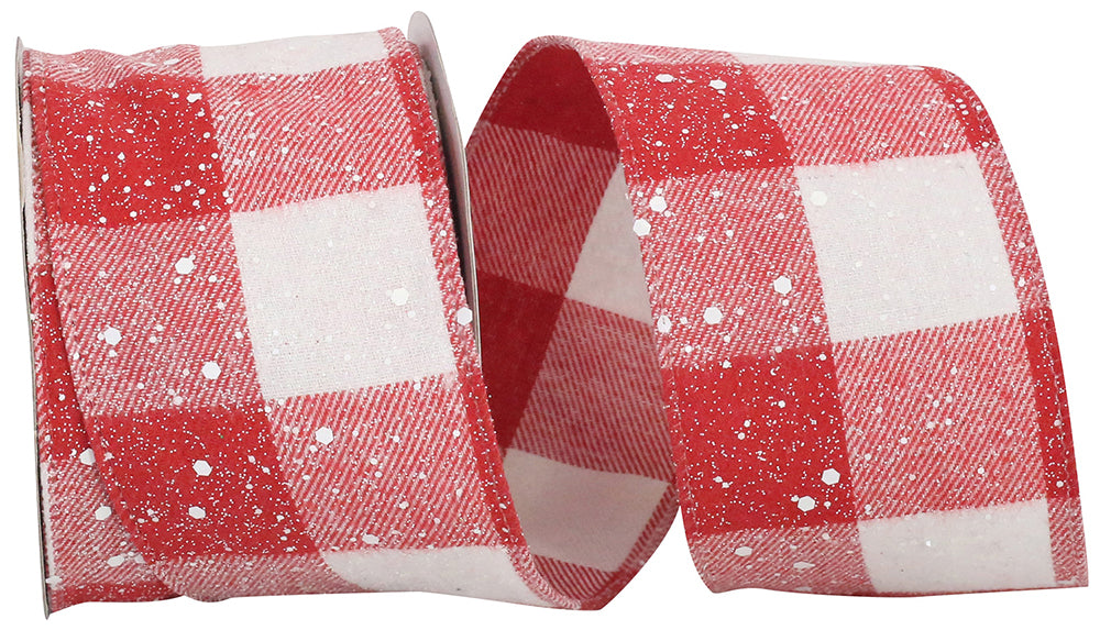 Red White 2-1 2 Inch Snow Speckled Large Buffalo Check Twill Wired Edge Ribbon for Wreaths & Bows