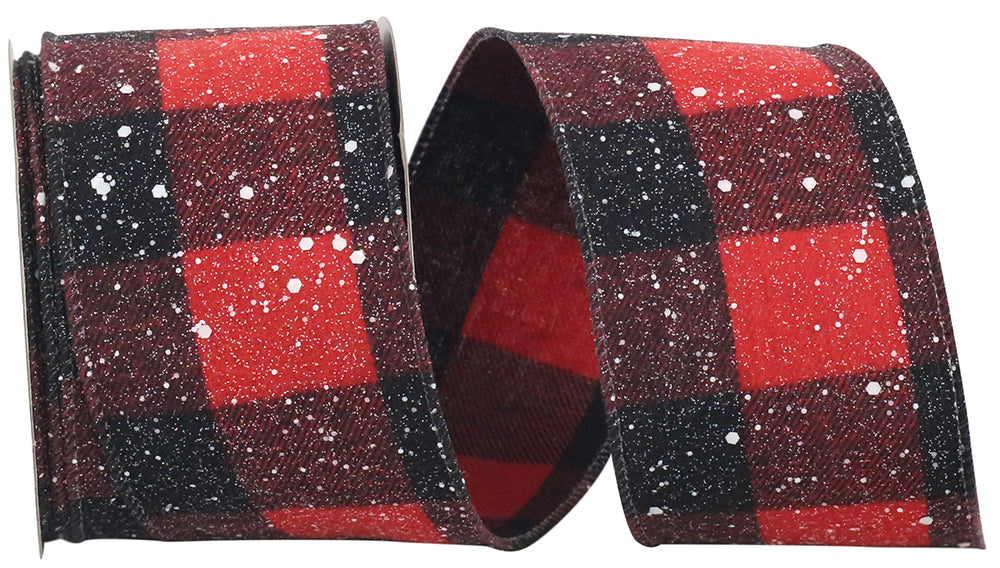 Red Black 2-1 2 Inch Snow Speckled Large Buffalo Check Twill Wired Edge Ribbon for Wreaths & Bows