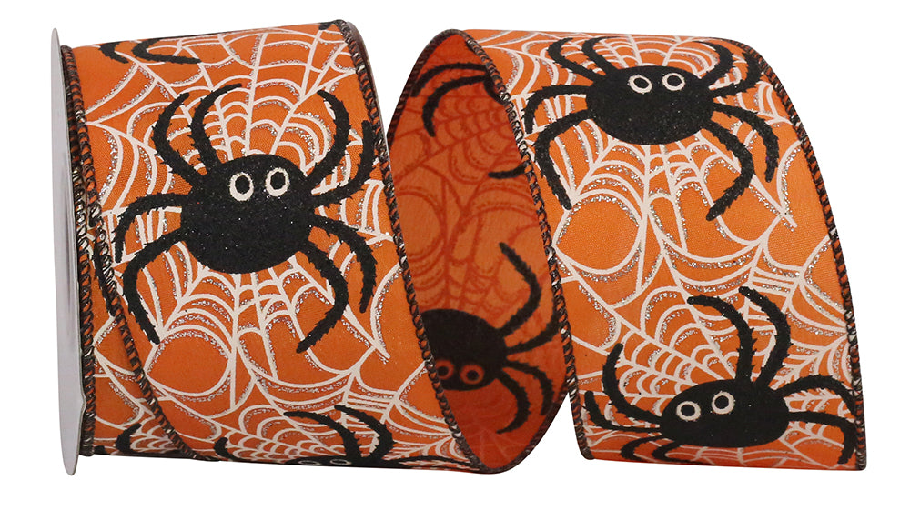 Orange Spider Web Glitter Wired Edge Ribbon 2-1/2 Inch