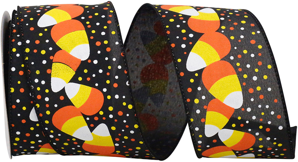 Multi 2-1 2 Inch Candy Corn And Dots Wired Edge Ribbon for Wreaths & Bows