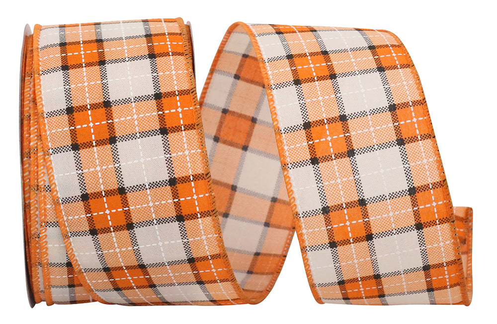 Plaid Print Wired Edge Ribbon Orange White 2-1/2 Inch